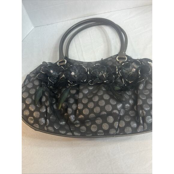 Hananel Black Feathers Flowers Bling Purse Hand Bag Embellished Silver Polka Dot - Picture 9 of 16